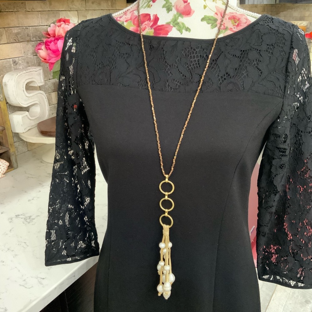 Shiver + Duke Beaded Statement Necklace Waterfall Pearls Leather Beads Gold Tone
